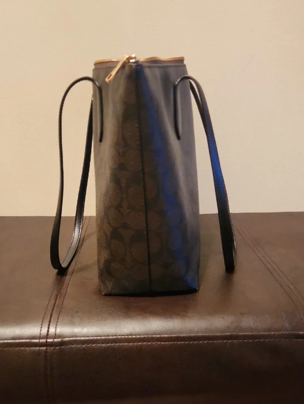 Coach Brown and Black Signature Monogram Tote with Gold Hardware